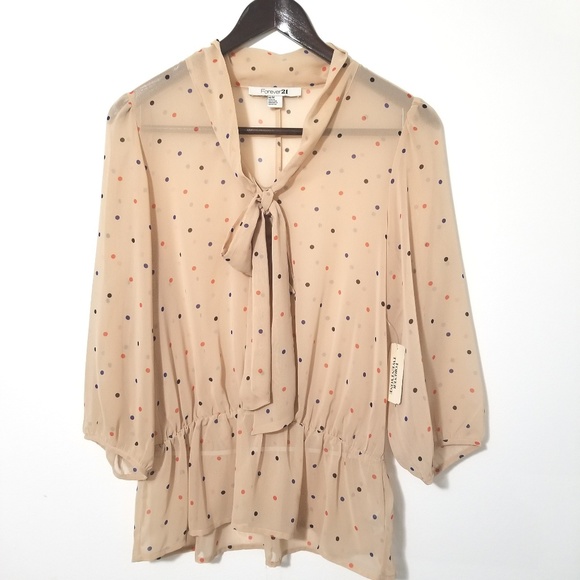 Forever 21 Tops - Forever 21 Beige w/Multi Colored Dots & Bow NWT